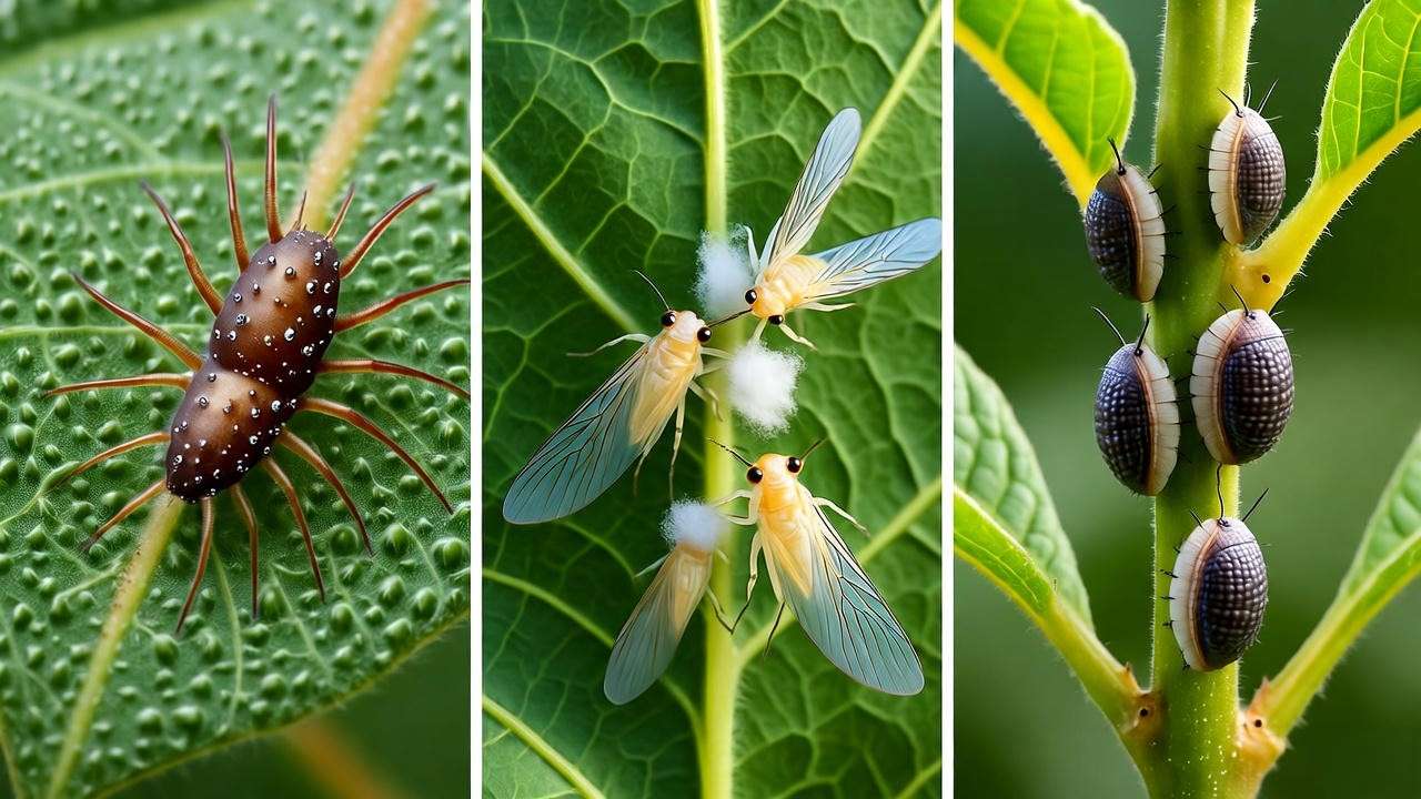 Common dombeya pests: spider mites, whiteflies, and scale on leaves and stems