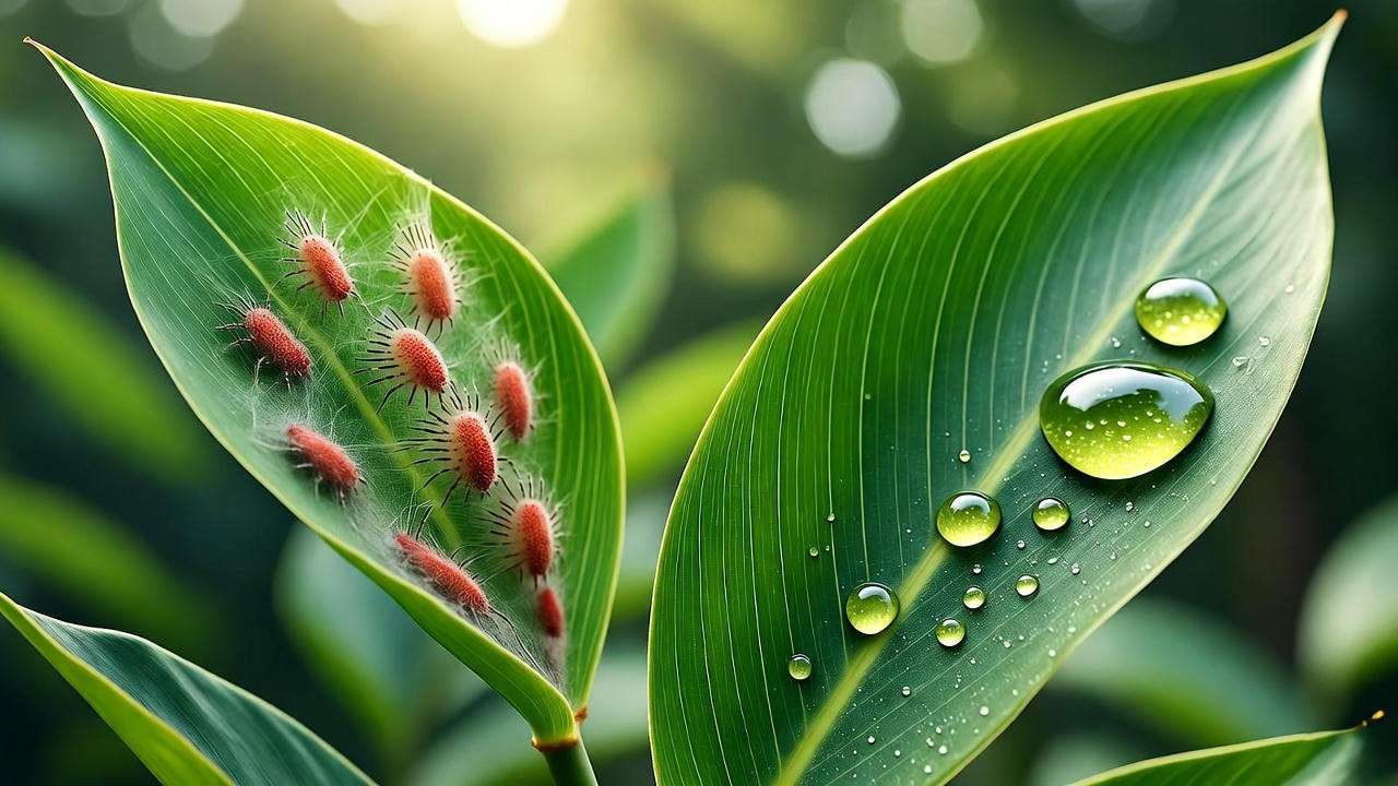 Spider mites on ginger leaves and neem oil pest control application