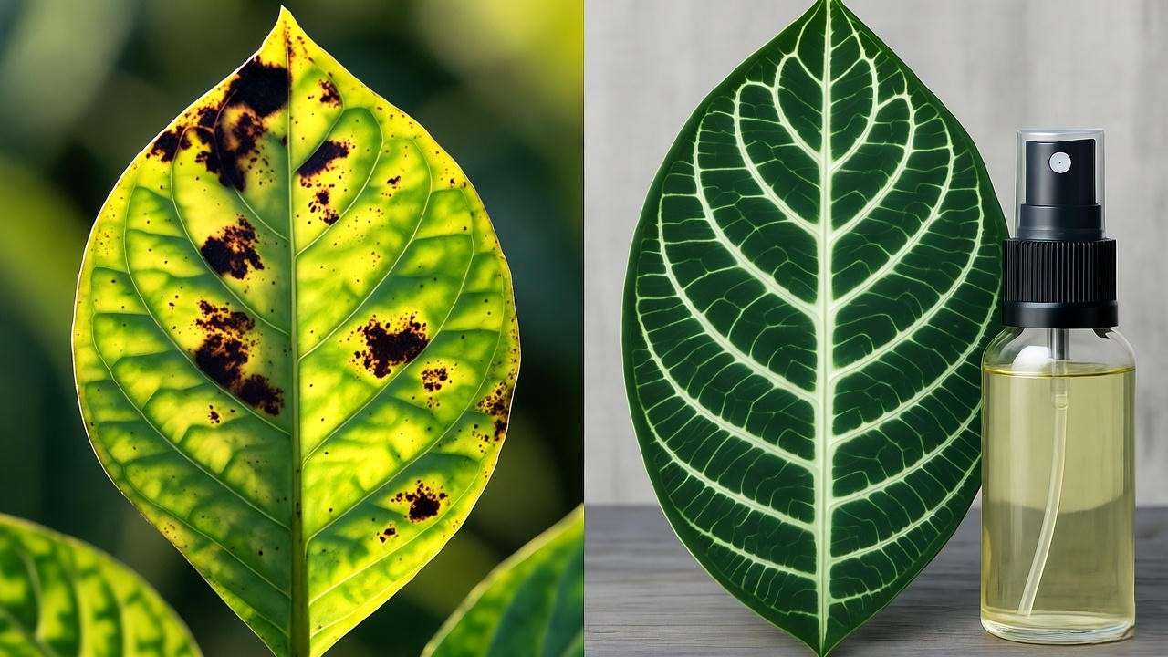 Nerve plant leaf with spider mite damage next to healthy leaf with neem oil spray".