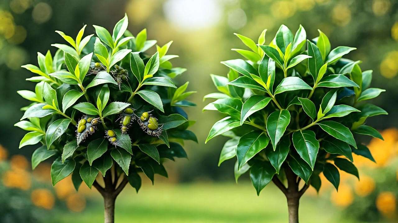 "Eugenia topiary with aphids and a healthy one treated with neem oil"