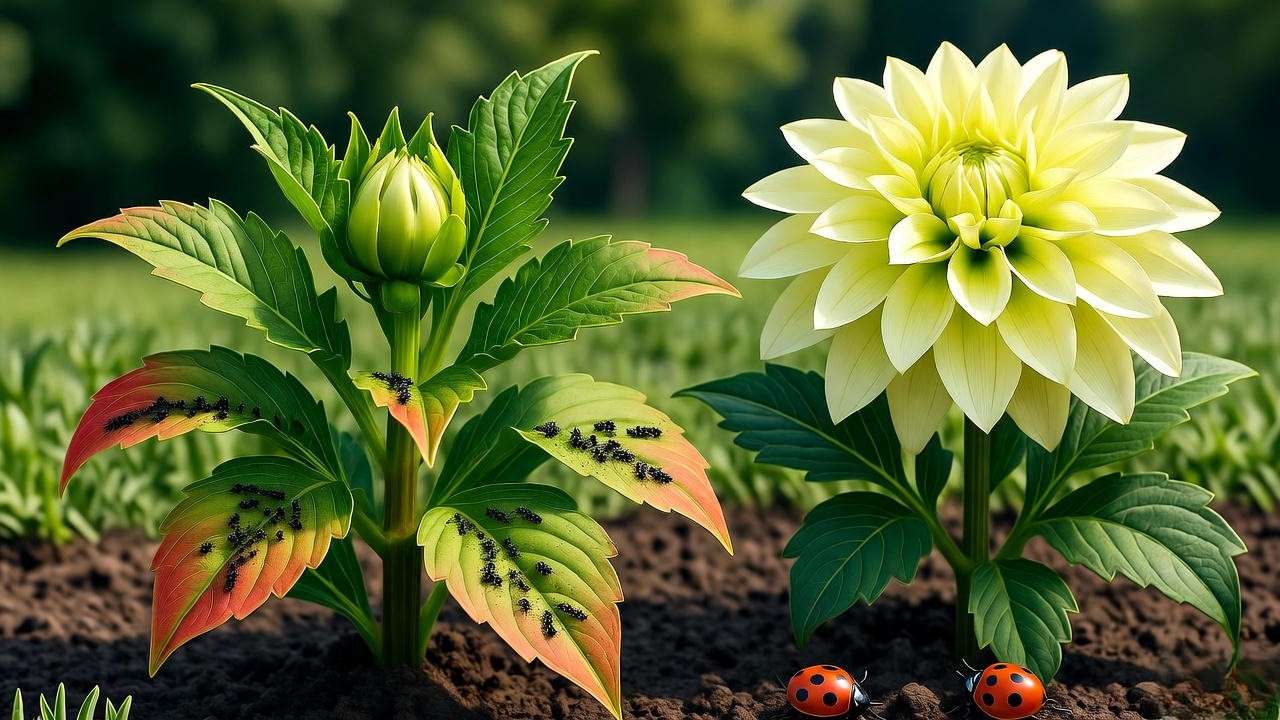 Dahlias with aphid damage and healthy plant with neem oil and ladybugs in sunny garden."