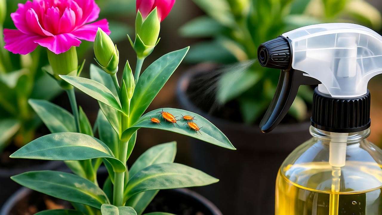 Close-up of a carnation plant being treated with neem oil for aphids in a garden."
