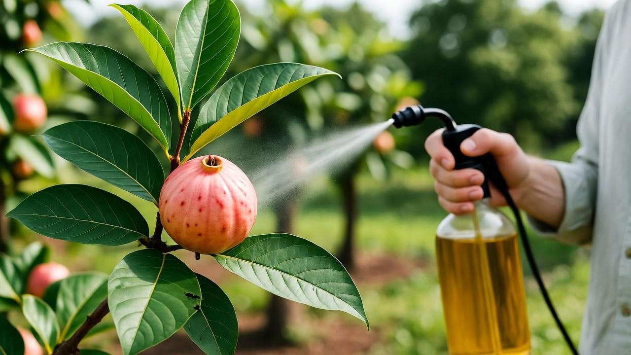 Gardener applying neem oil to pink guava plant for pest control in a tropical garden.
