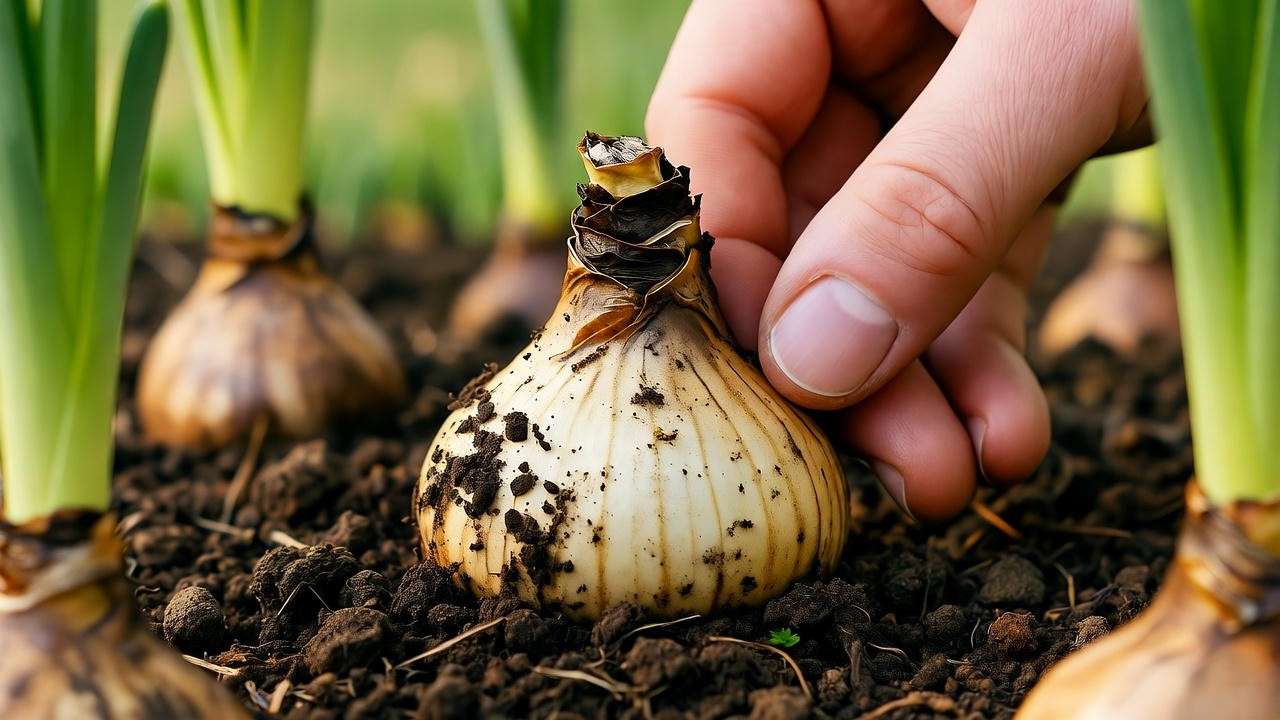 "Gardener removing rotten narcissus bulb with healthy bulbs nearby."