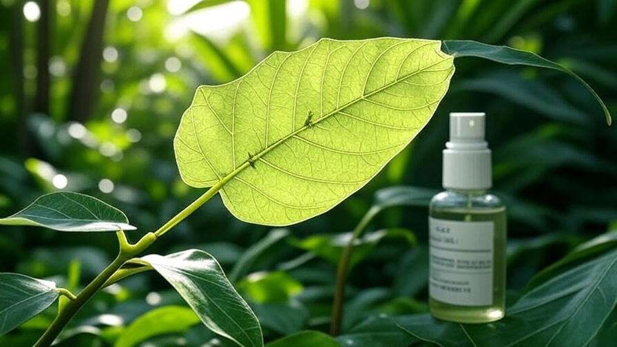 White sapote leaf with aphids and neem oil spray in a tropical garden."