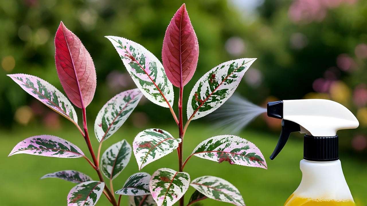 Dappled willow shrub with pest damage treated with neem oil in a garden."