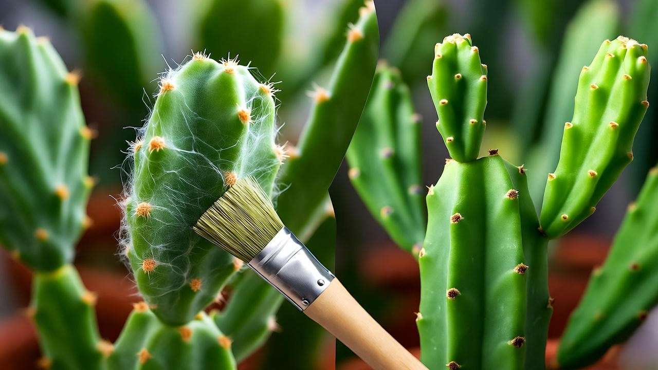 Peanut cactus plant with spider mites treated with neem oil next to a healthy plant."
