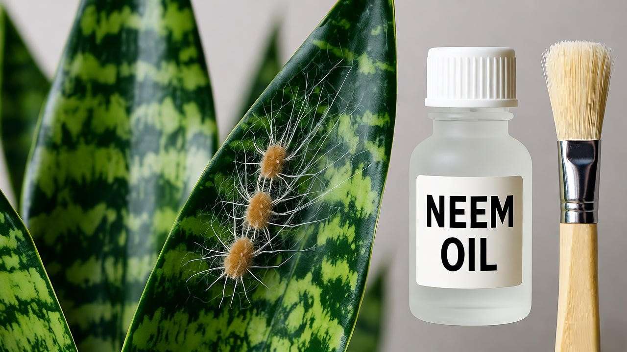 Black coral snake plant leaf with spider mites and neem oil treatment."