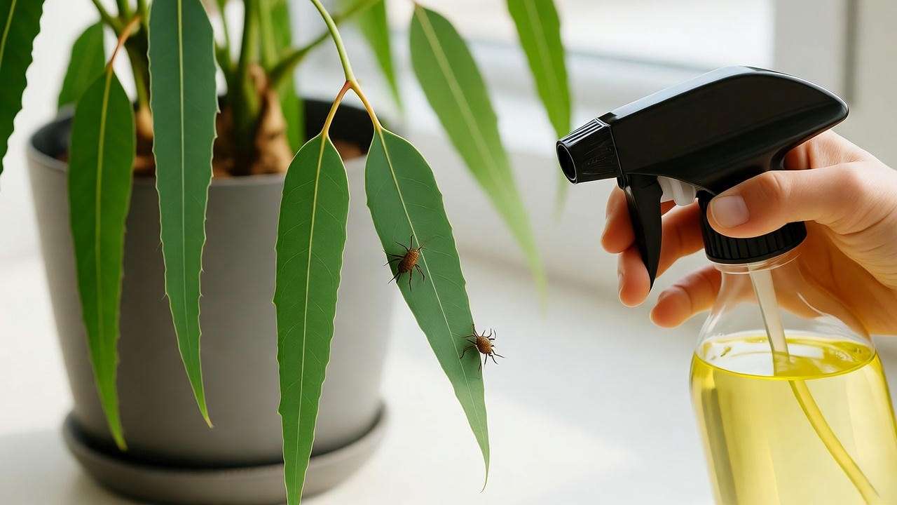 Applying neem oil to control spider mites on an indoor eucalyptus plant."