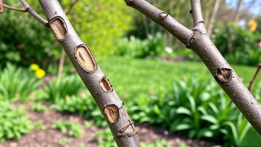 Close-up of purple ash tree branch with emerald ash borer damage and healthy branch in a garden."