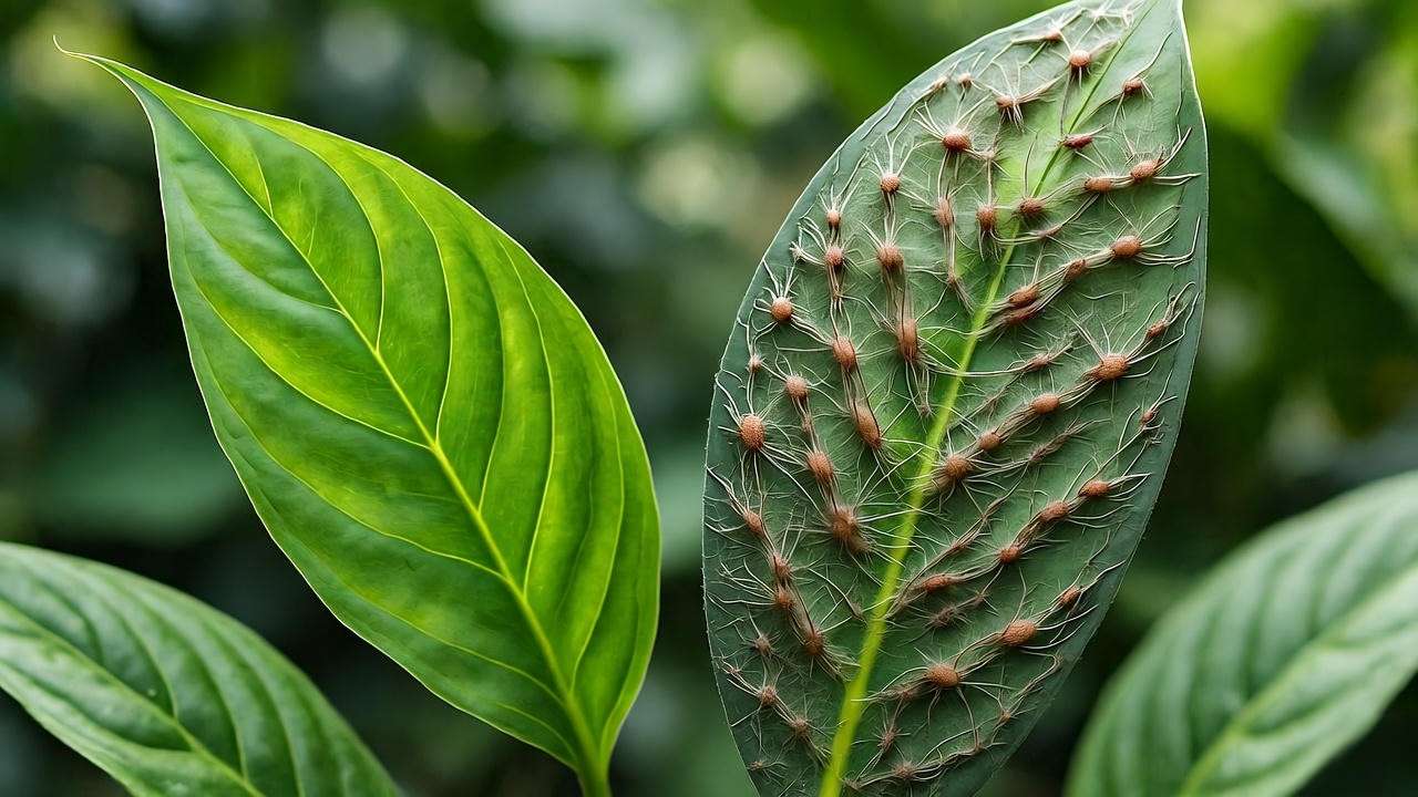 Dragon tail plant leaf with spider mites next to a healthy leaf."