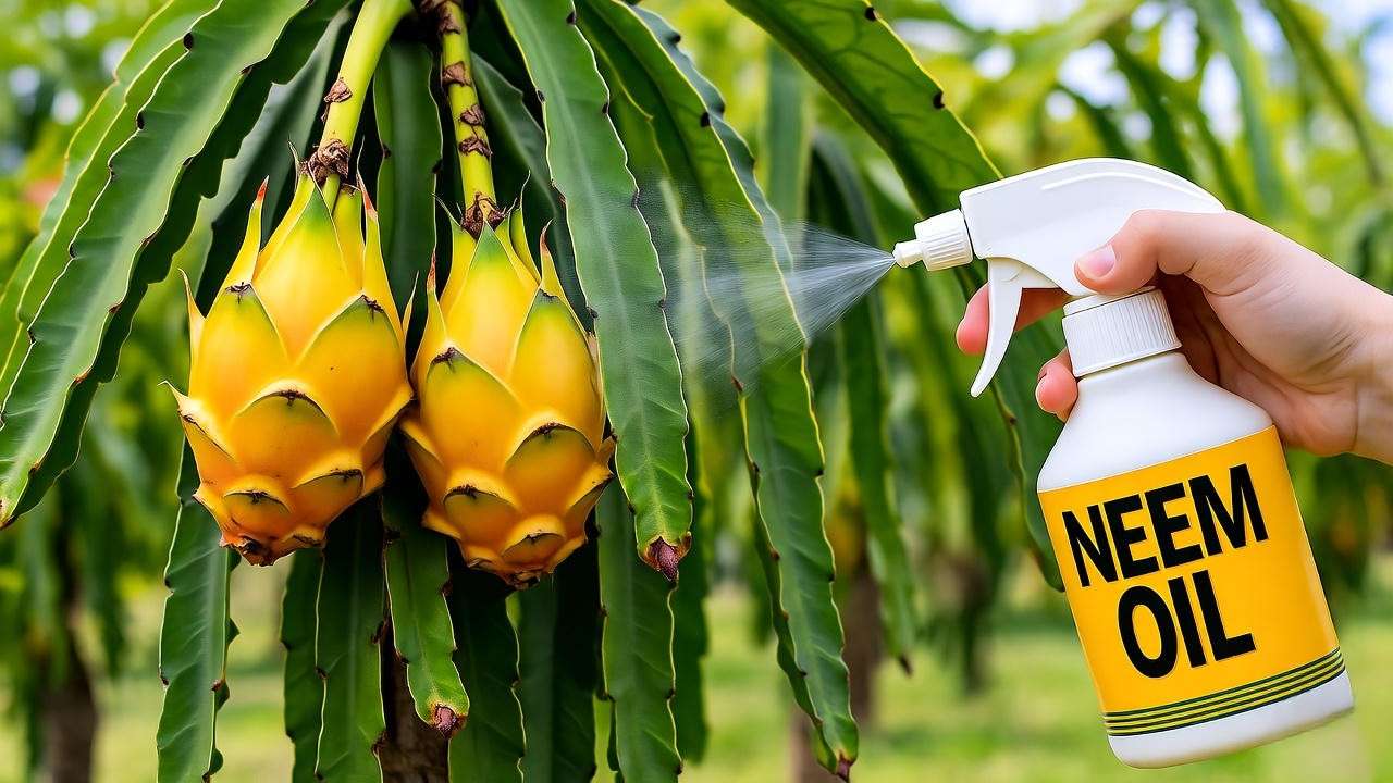 "Yellow dragon fruit tree with pest damage and neem oil spray application."