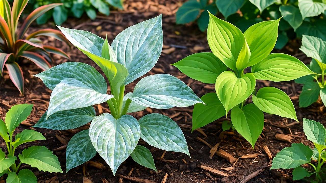 "Angelica Gigas plant with powdery mildew next to a healthy plant in a garden."