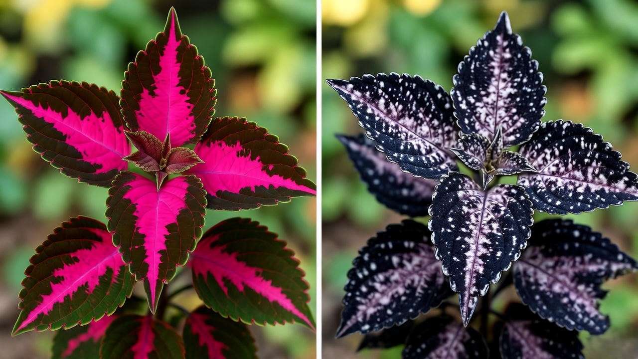 Coleus Black Dragon plant with powdery mildew compared to a healthy plant."