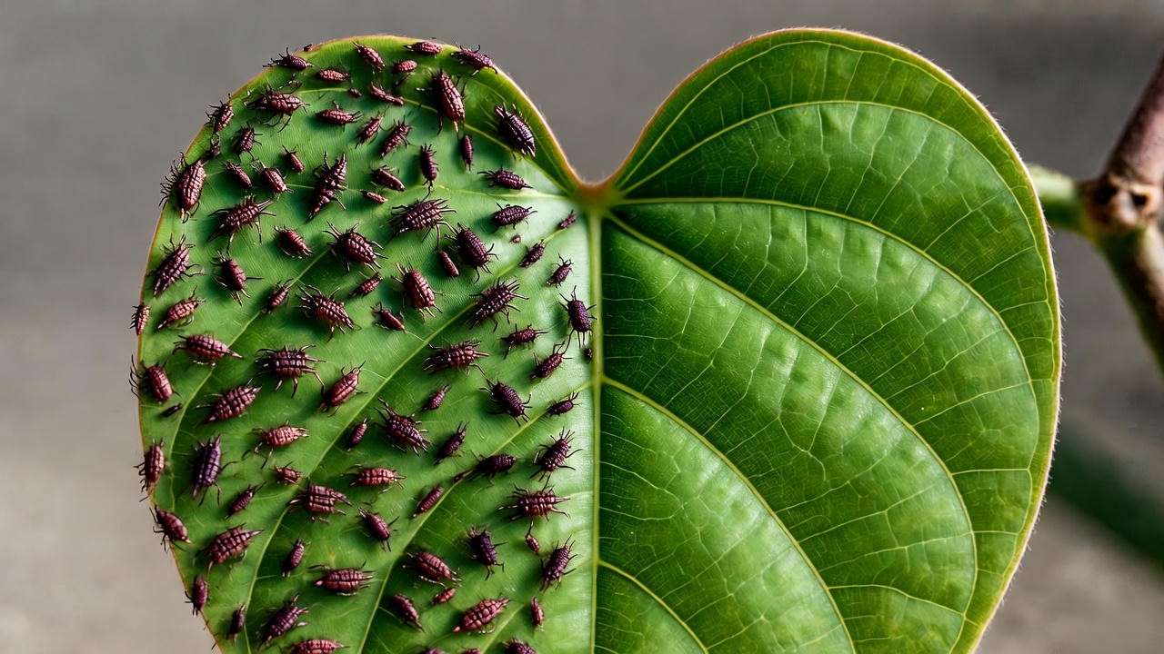 Close-up of Dioscorea elephantipes leaf with spider mites and healthy vine."