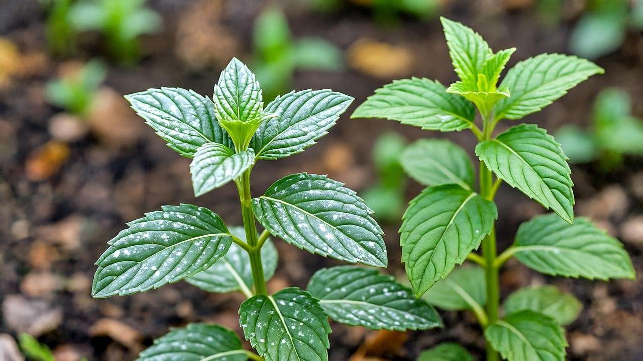 Ginger mint plant with powdery mildew next to a healthy plant in a garden.