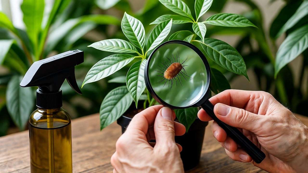 "Gardener inspecting ibogaine plant leaves for pests with magnifying glass and neem oil."