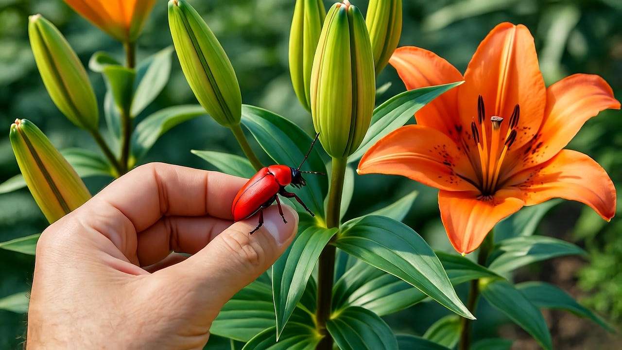 Hand removing a red lily beetle from a healthy lily plant in a garden."
