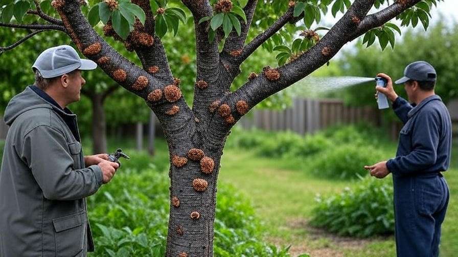 Gardener applying organic spray to a cherry tree with brown rot in an orchard."
