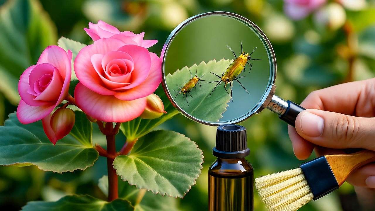Begonia pink plant with aphids under magnifying glass, neem oil, and brush for organic pest control."