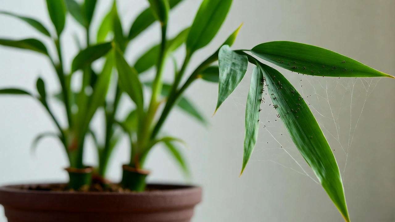 "Bonsai bamboo plant with spider mite damage on leaves"