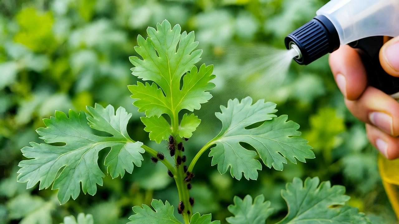 "Close-up of Vietnamese cilantro leaves with aphids being treated with neem oil spray"