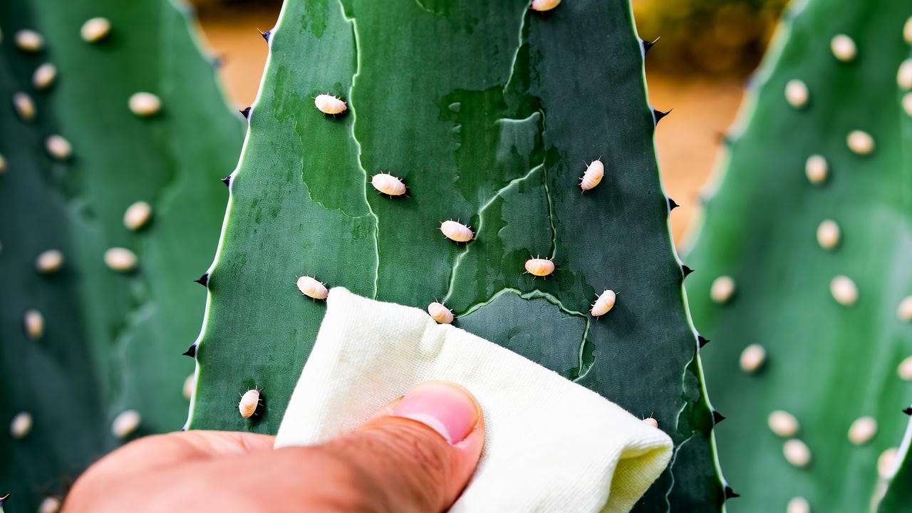 Close-up of black agave leaf with mealybugs being removed with neem oil cloth.'