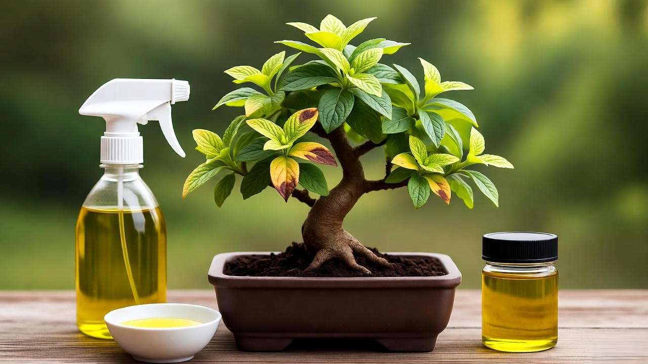 Bonsai weed plant with pest damage and neem oil treatment tools.