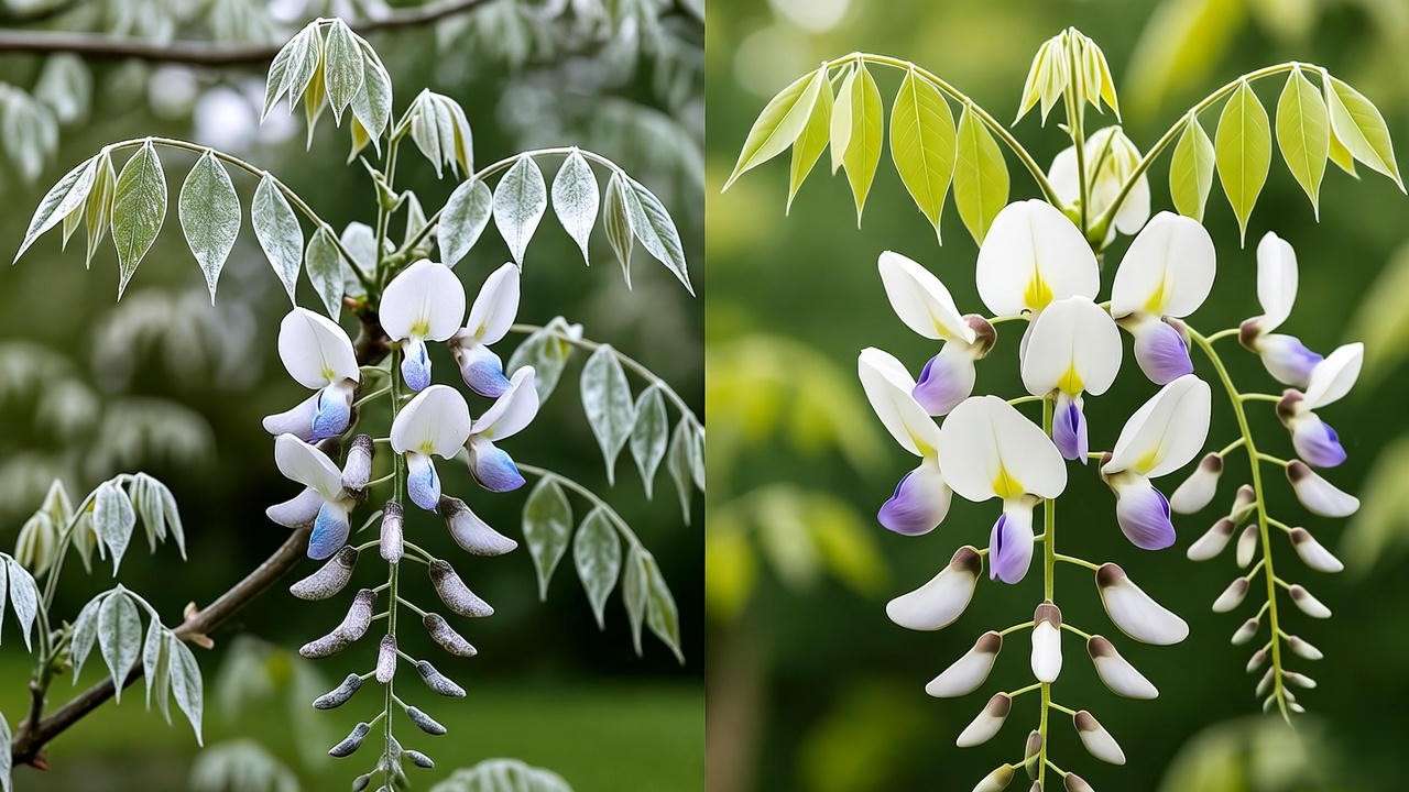 Comparison of a white wisteria tree with powdery mildew and a healthy tree."