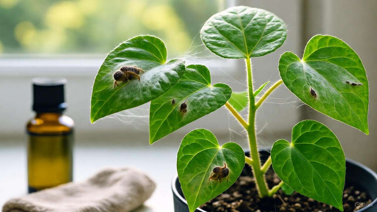 Broken heart plant with spider mites and neem oil treatment nearby."