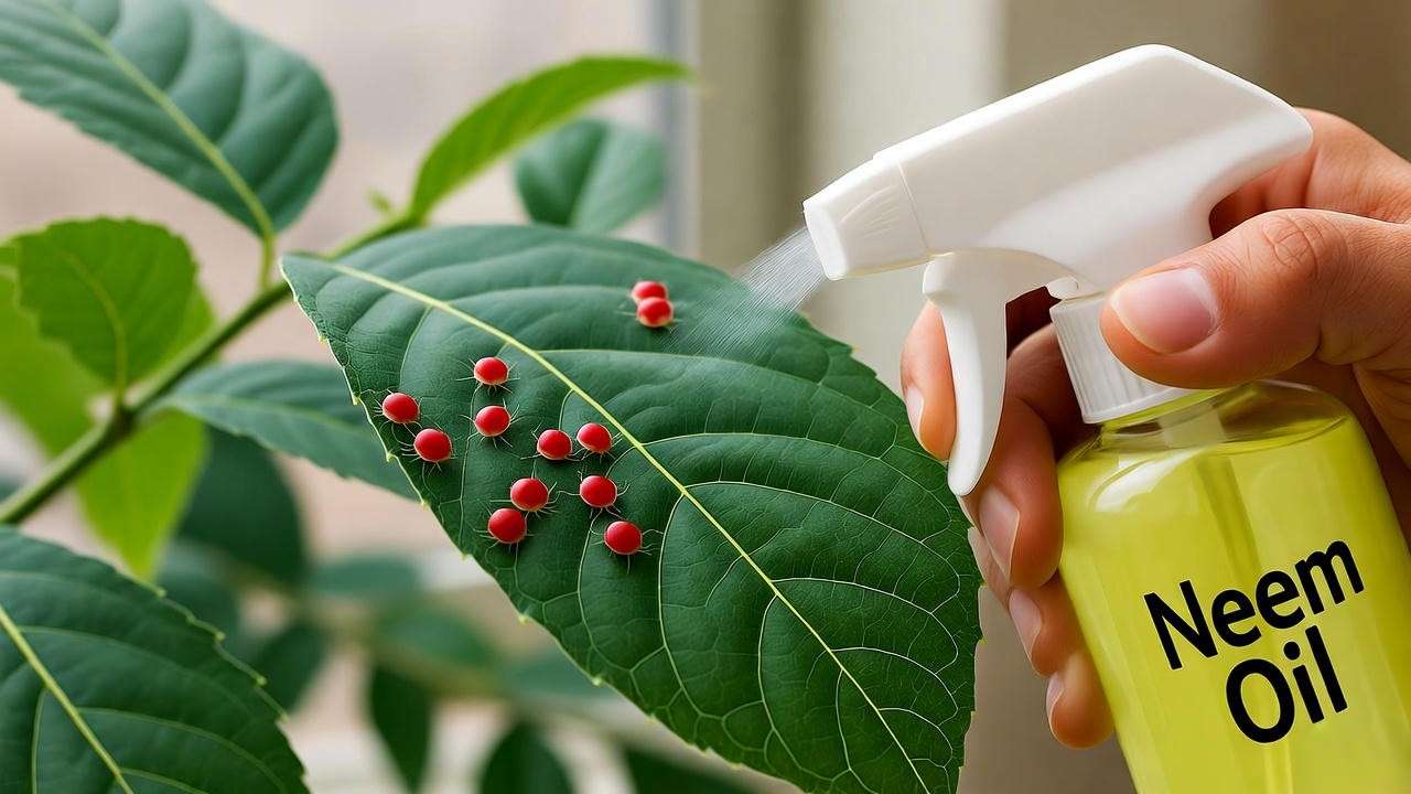 Shingle plant leaf with spider mites and neem oil spray"