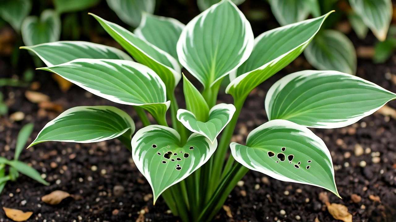 White hosta with slug damage and organic pest control methods"