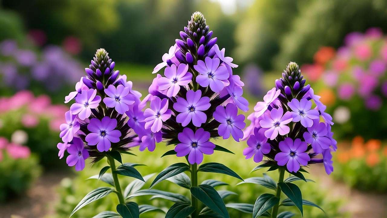 Phlox plants with purple star-shaped flowers in a colorful garden".