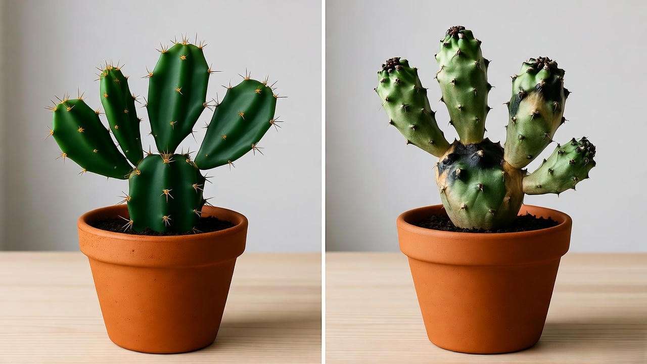 Comparison of healthy and overwatered peanut cactus plants for care tips."