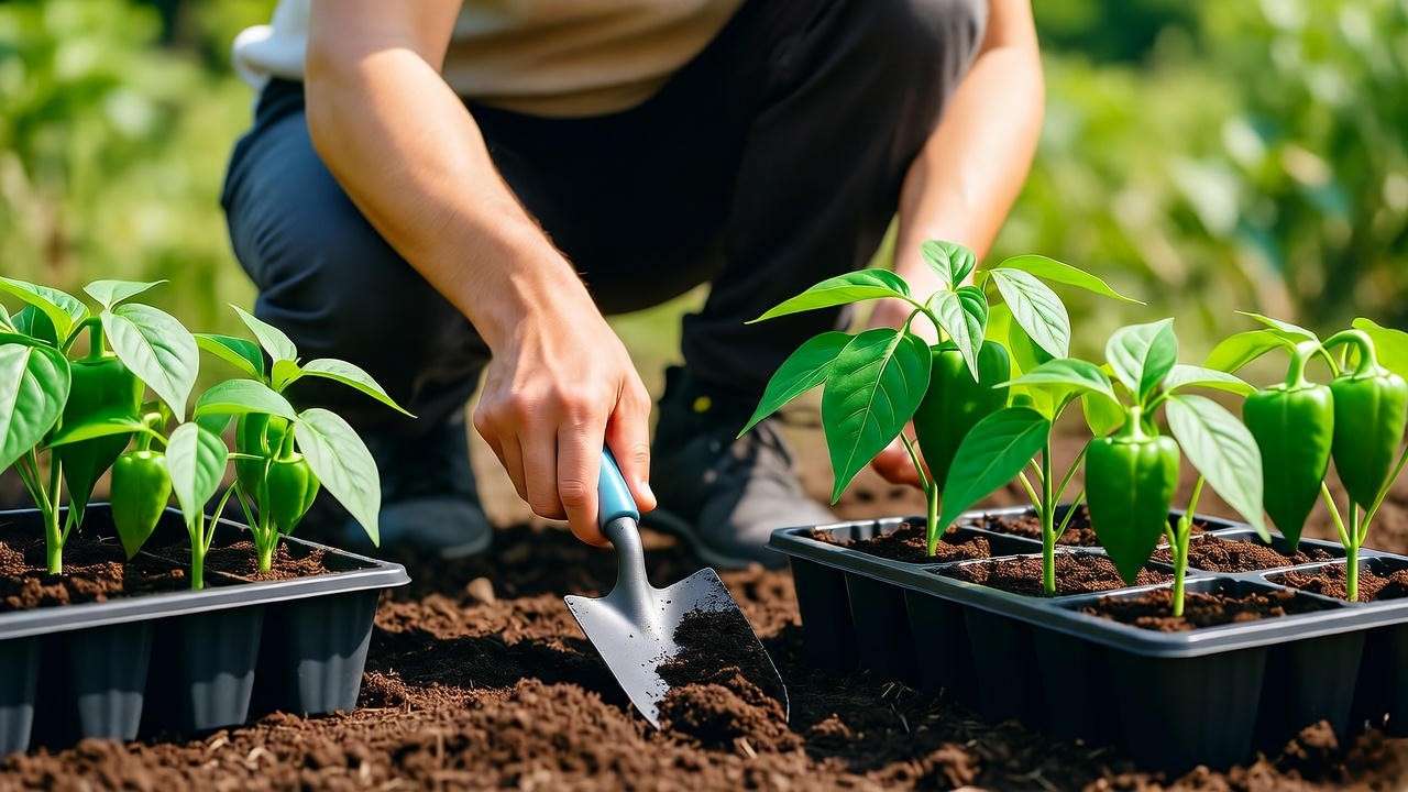 Gardener planting Bruscotia pepper seedlings in a garden bed with trowel and seed trays".