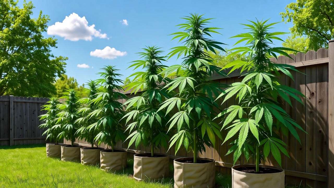 Cannabis plants in sunny south-facing backyard with privacy fence for optimal outdoor growing site selection