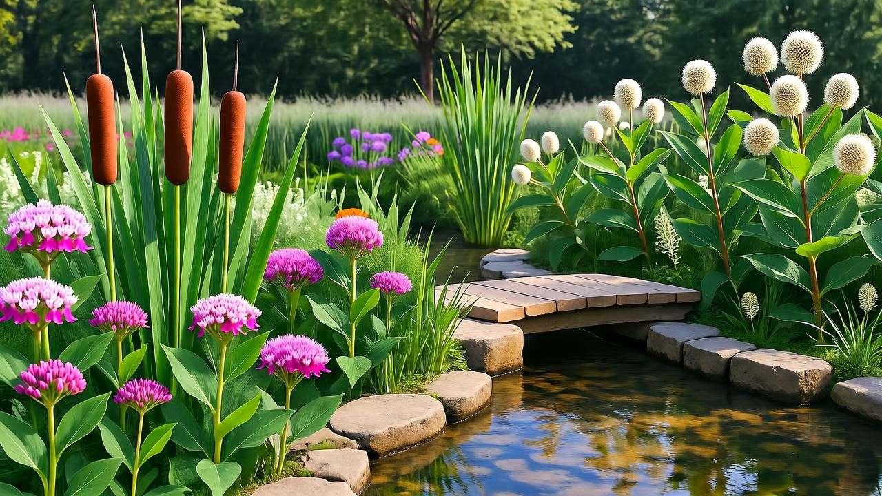 Wetland garden layout with Cattails, Swamp Milkweed, and Buttonbush near a stone path and bridge."
