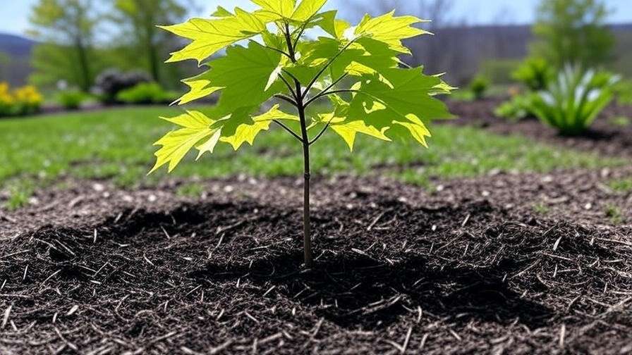 Diagram of proper tree planting depth and width with a young sugar maple in a Vermont garden".
