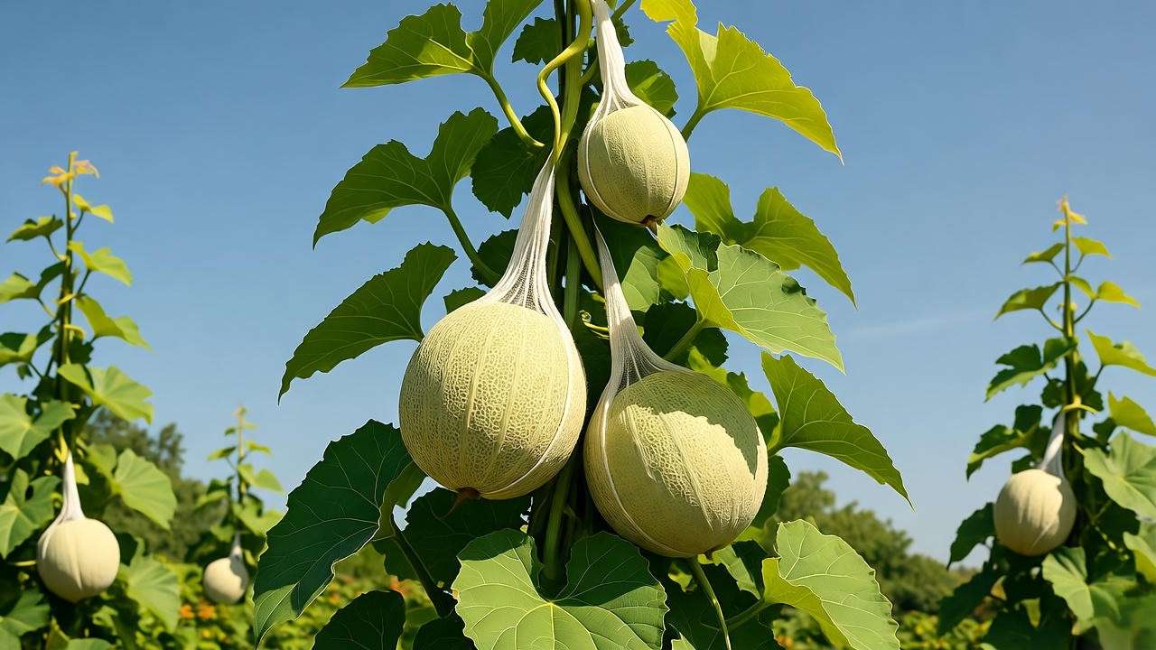 Trellised cantaloupe vine with young melons in fabric slings, showcasing vertical gardening.