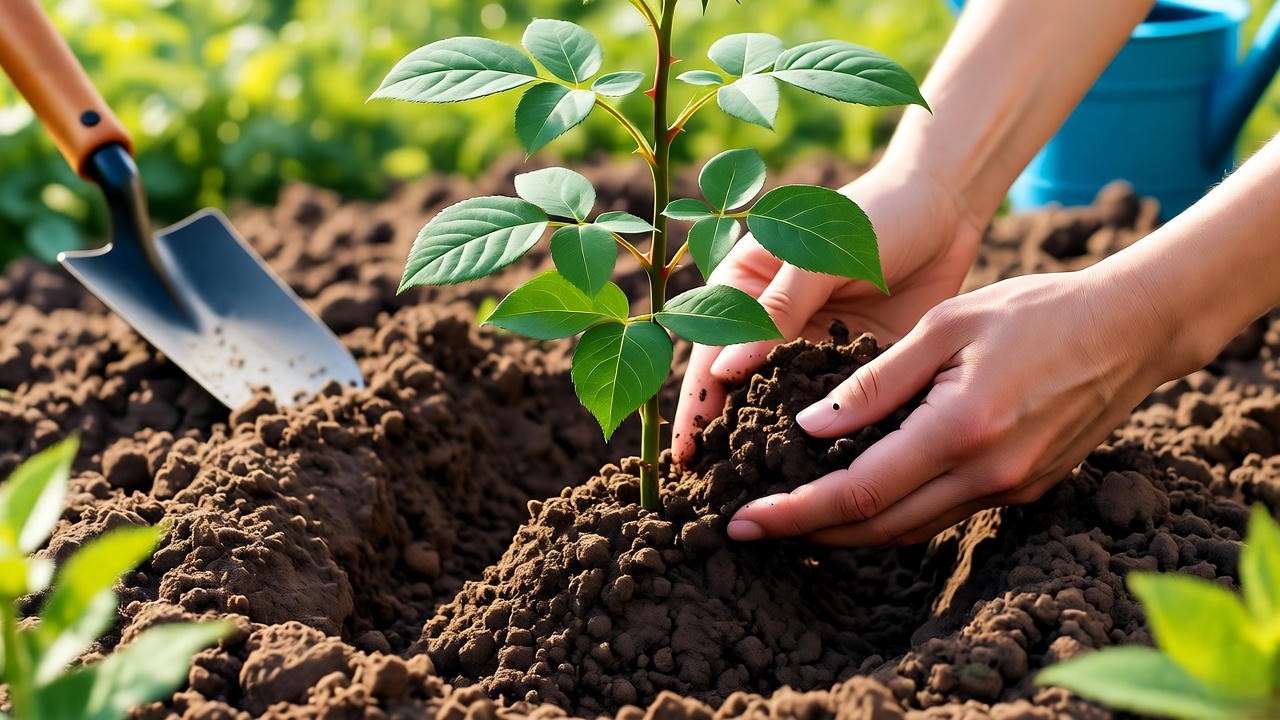 Gardener planting damask rose in well-draining soil with compost and tools in a sunny garden."