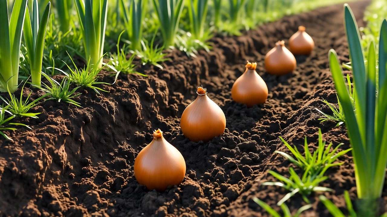 Garden trench with narcissus bulbs planted pointy-end up using a bulb planter."