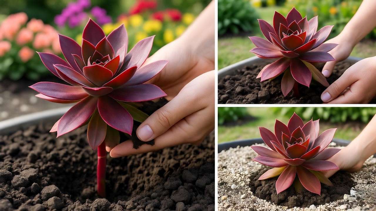 Hand planting Dragon’s Blood Sedum in well-drained soil with sand and gravel."