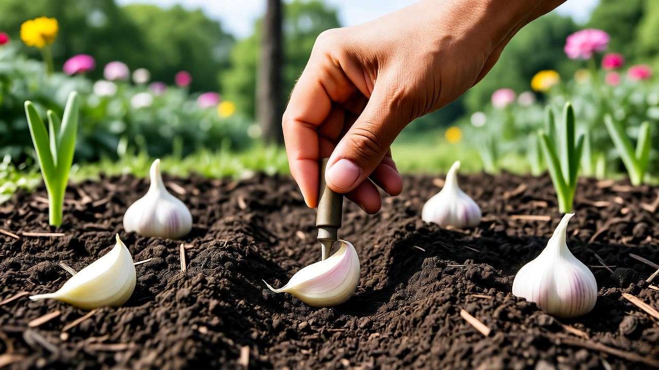 Step-by-step garlic planting with dibber and spacing grid."