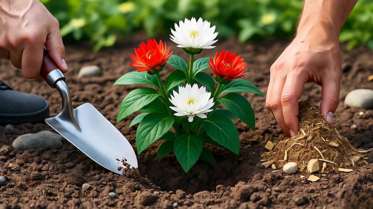 "Step-by-step planting of Hot Lips plant with gardener and compost in well-draining soil."