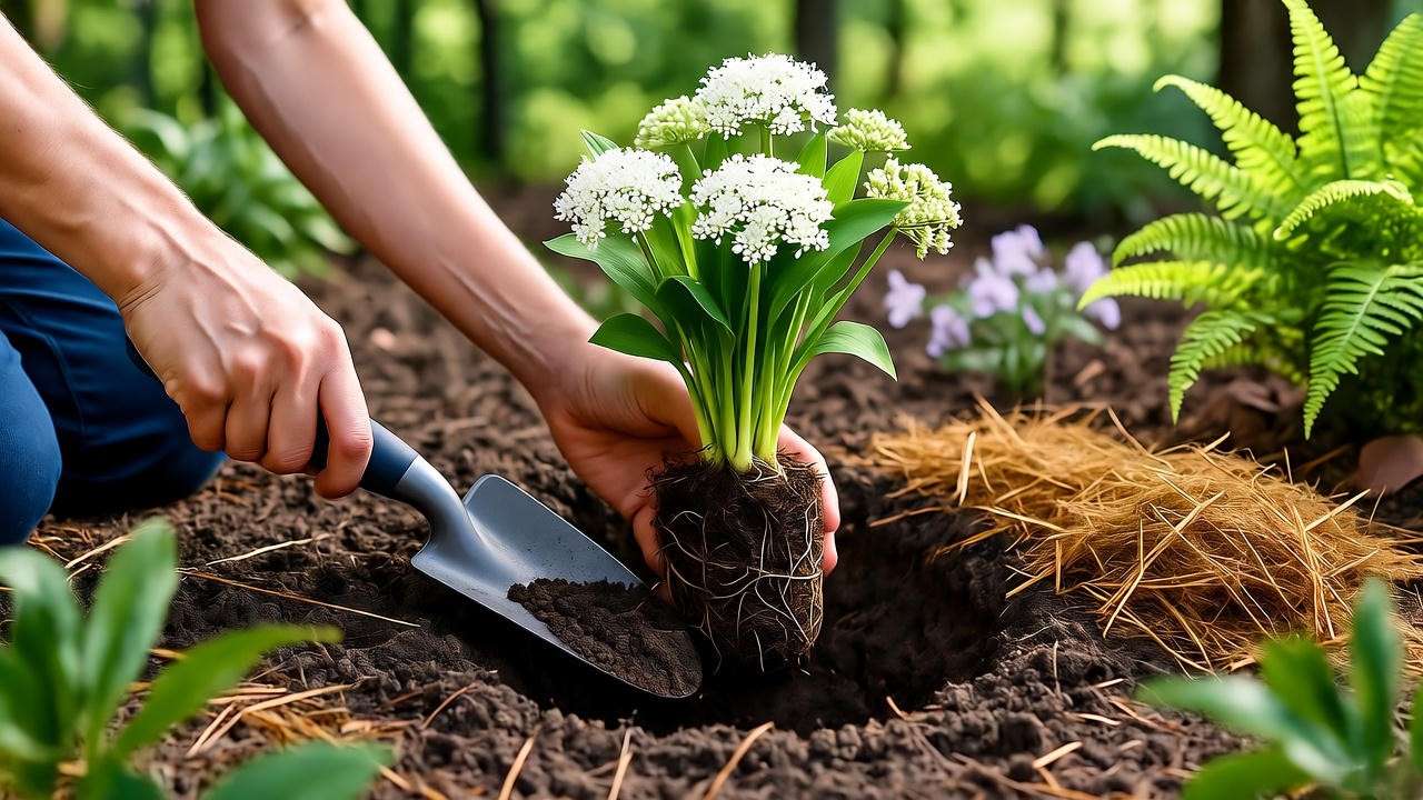 Step-by-step planting of Angelica Gigas with mulch in a shaded garden."