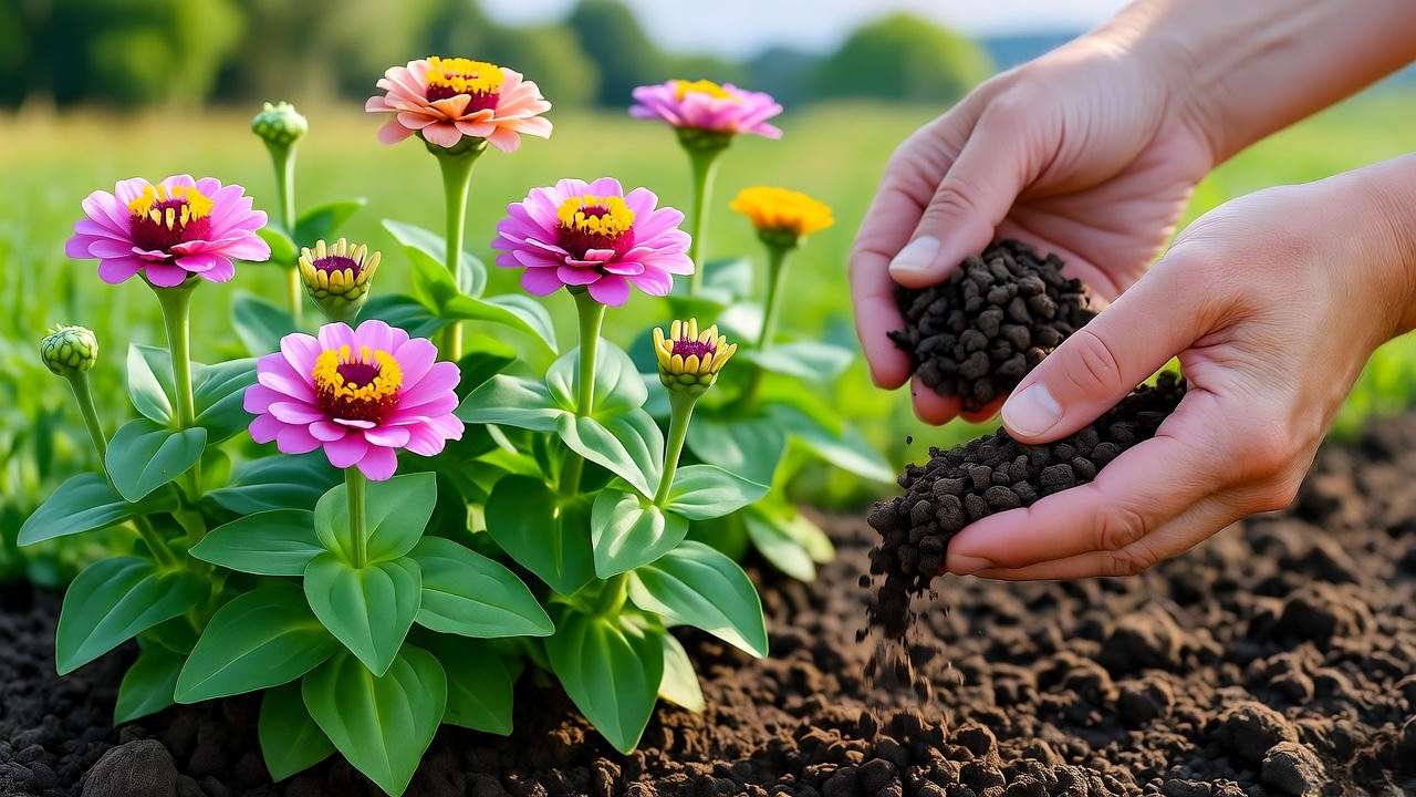 Gardener planting Profusion Zinnia plants in well-drained soil with compost in a sunny garden".