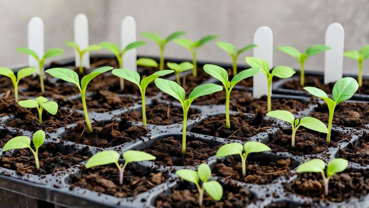 Purple tomatillo seedlings starting in trays for transplant