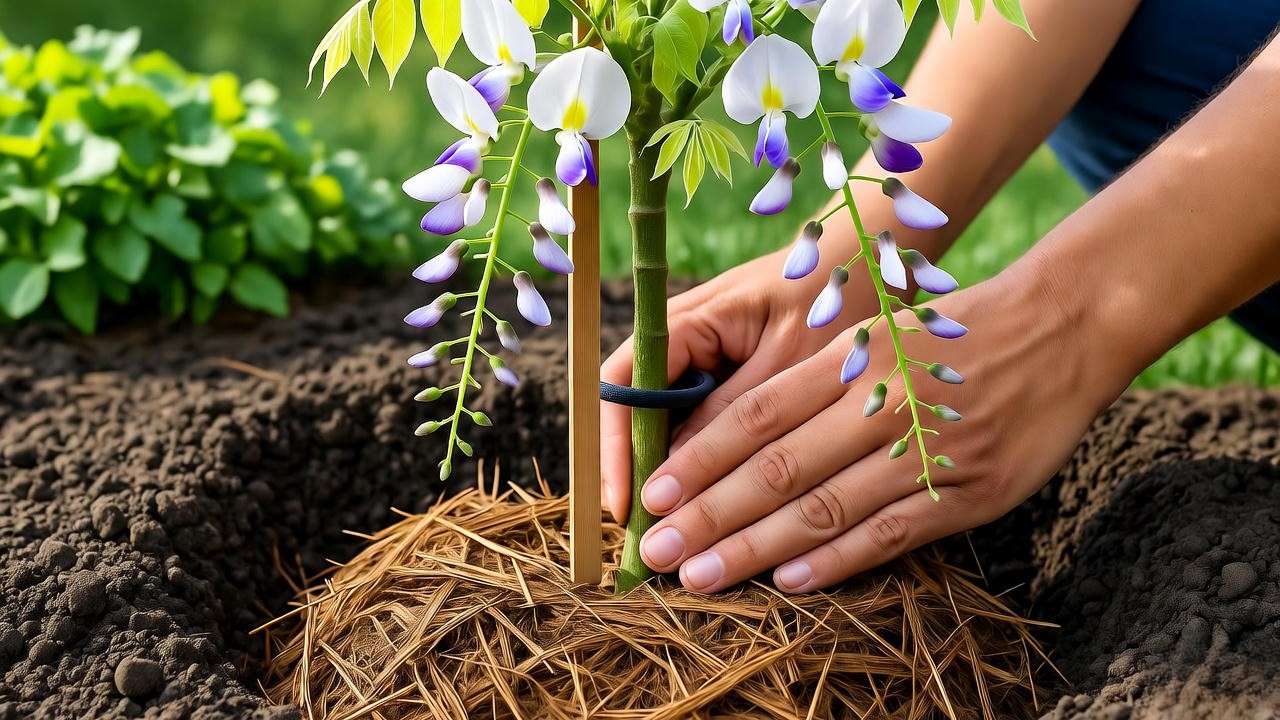 Gardener planting a white wisteria tree with stake and mulch in well-drained soil."