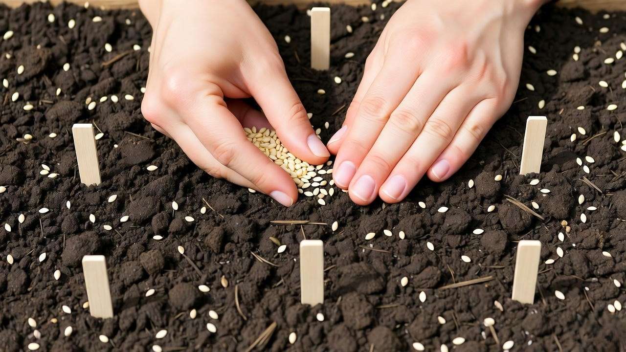 Gardener’s hands planting sesame seed plant seeds in loamy soil with stakes for spacing in a sunny garden bed.