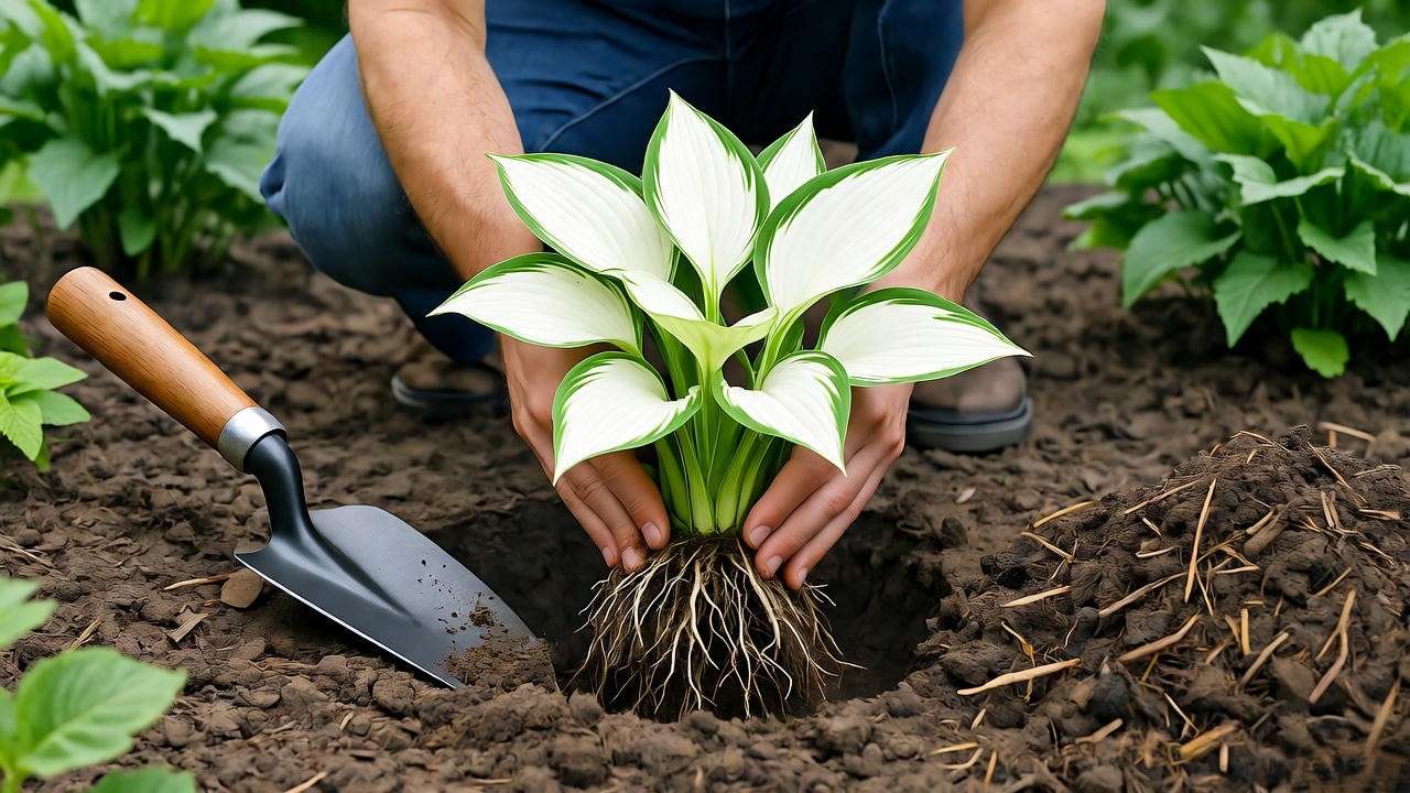 Gardener planting white hosta in shaded garden with compost and mulch"